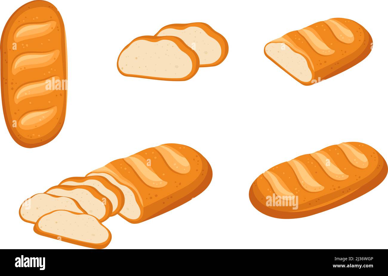 Pain de pain blanc entier et coupé en tranches. Produits de boulangerie, pâtisseries, pâtes alimentaires. Nourriture de dessin animé plate Vector Illustration de Vecteur
