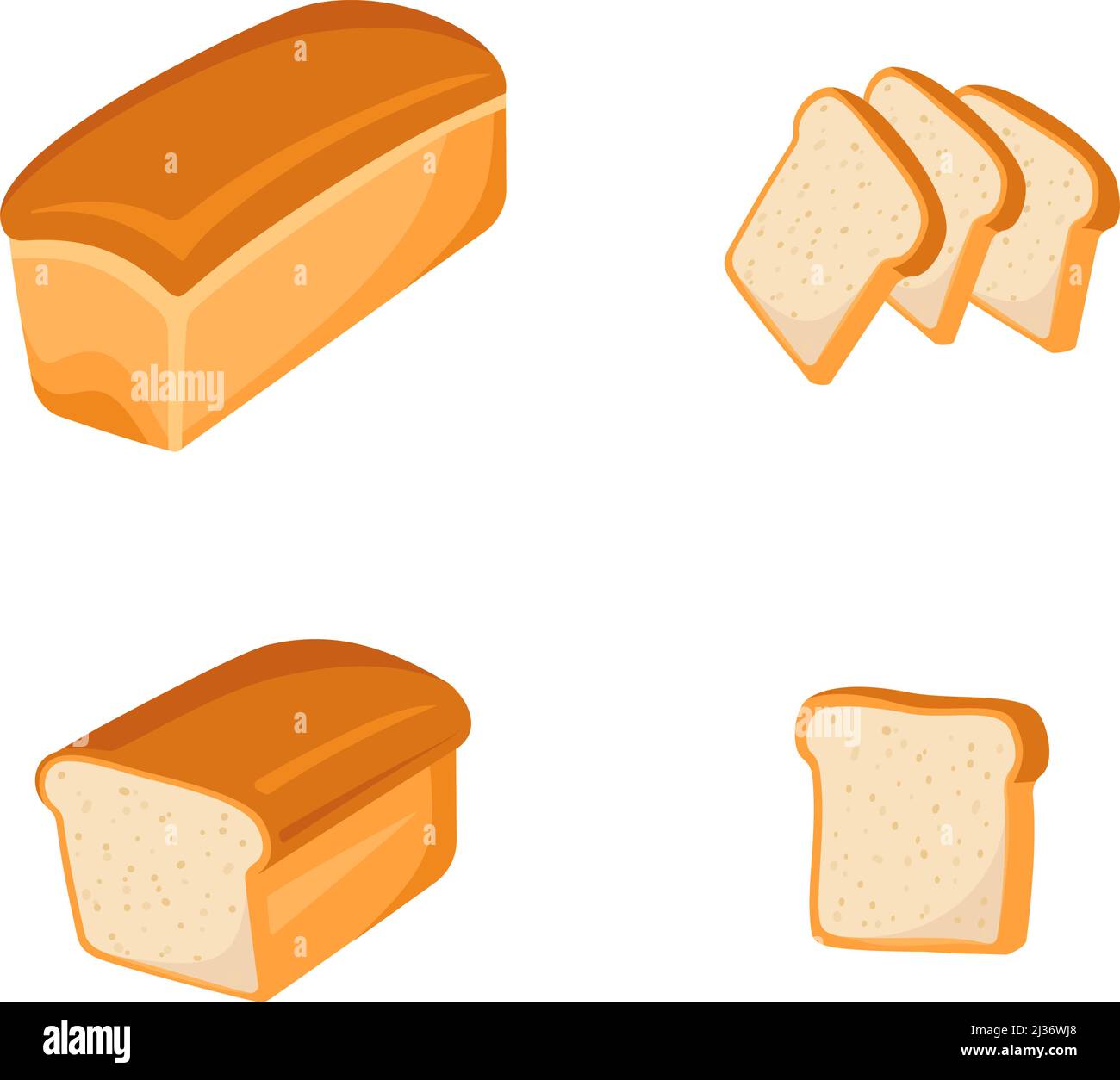 Pain blanc entier et coupé en tranches. Produits de boulangerie, pâtisseries, pâtes alimentaires. Nourriture de dessin animé plate Vector Illustration de Vecteur