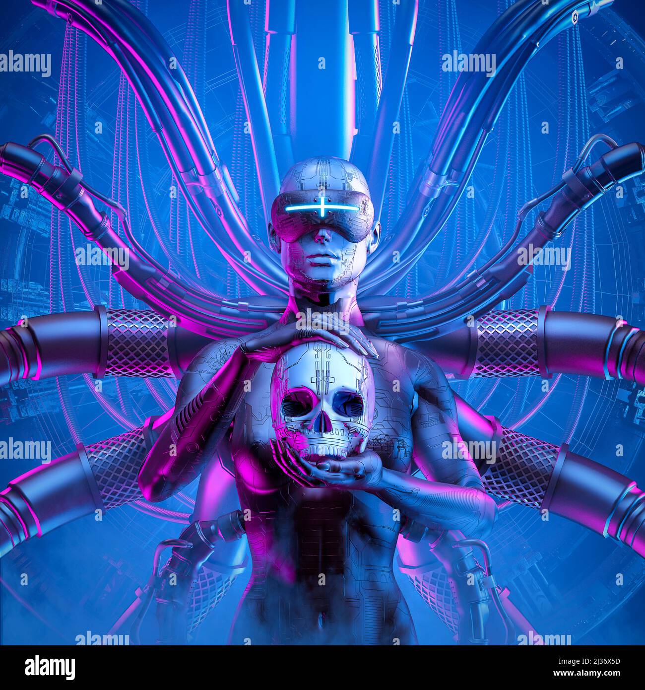 Repaire de l'araignée - 3D illustration de la science fiction femelle masquée cyborg tenant robot crâne humain Banque D'Images