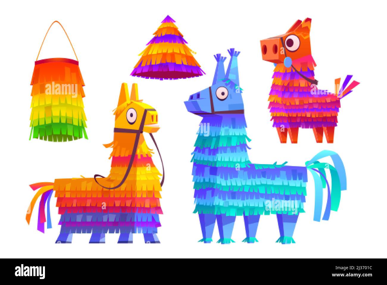 Pinatas mexicain âne et lama, jouets colorés avec gâteries pour l'anniversaire de l'enfant, fête, carnaval ou fiesta, cute animaux contenants en papier f Illustration de Vecteur