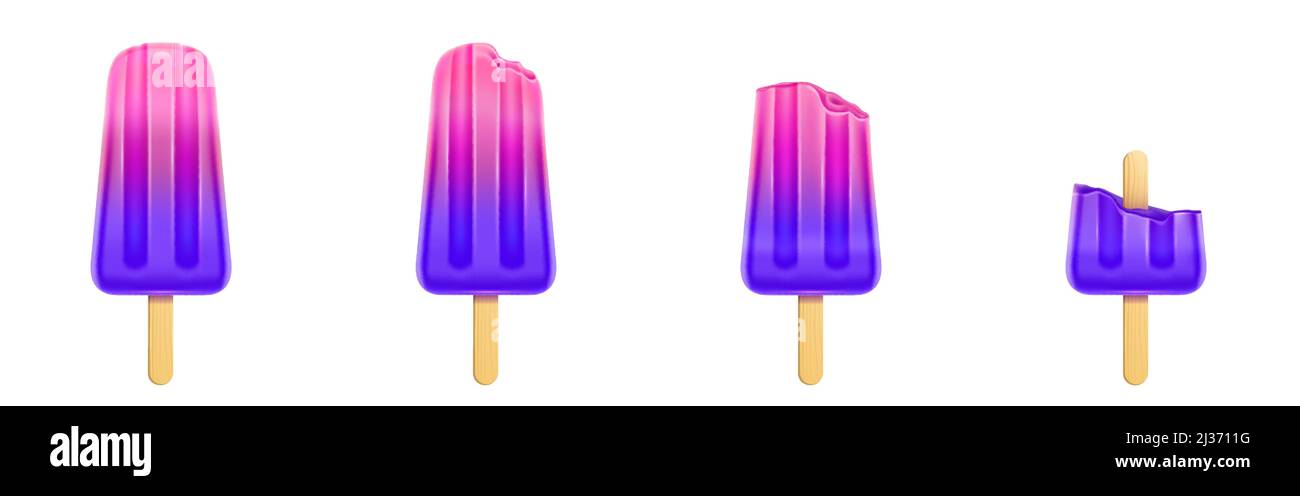 Popsicle aux fruits avec en-cas, crème glacée rose et pourpre. Jus congelé sur bâton de bois à différentes étapes de manger. Ensemble vectoriel réaliste de froid d'été Illustration de Vecteur