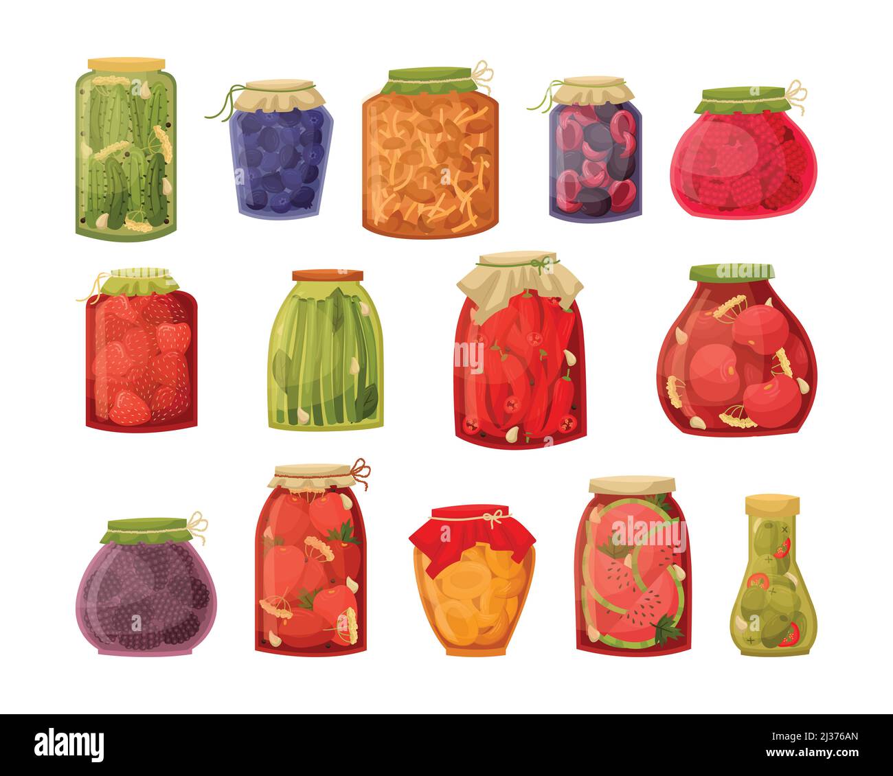 Ensemble vectoriel d'illustrations de bocaux avec confiture et cornichons. Préparations pour l'hiver. Illustration de Vecteur