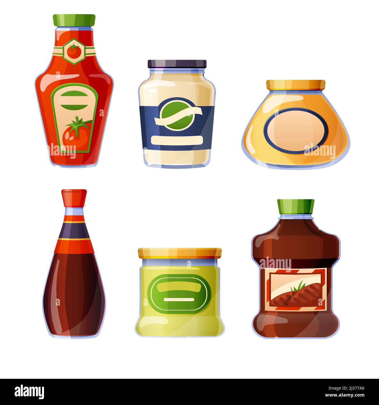 Sauces et sauces en flacons de verre isolés sur fond blanc. Ketchup, mayonnaise, assaisonnement à la moutarde et au soja dans l'emballage. Ensemble de dessins animés vectoriels de d Illustration de Vecteur