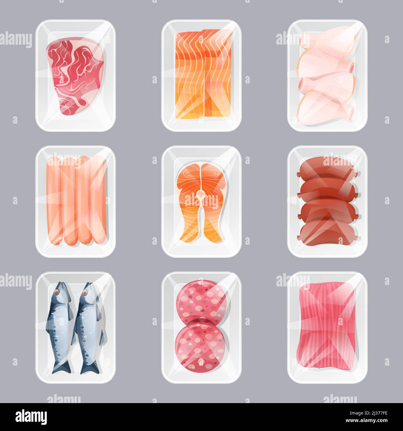 Aliments dans des emballages en plastique pour la vente au détail, le poisson frais, la viande hachée et les cuisses de poulet, les saucisses, le steak de saumon cru ou le filet. Conception de produits isolés Illustration de Vecteur