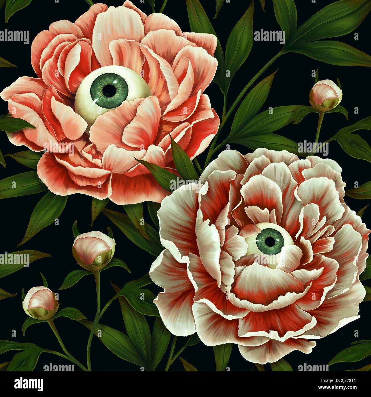 Modèle sans couture mystique.Papiers peints mystérieux, fleurs fantastiques.Fond floral foncé.Pivoines, yeux, horreurs.Fleurs, bourgeons, fleurs dessinées à la main vintage Banque D'Images
