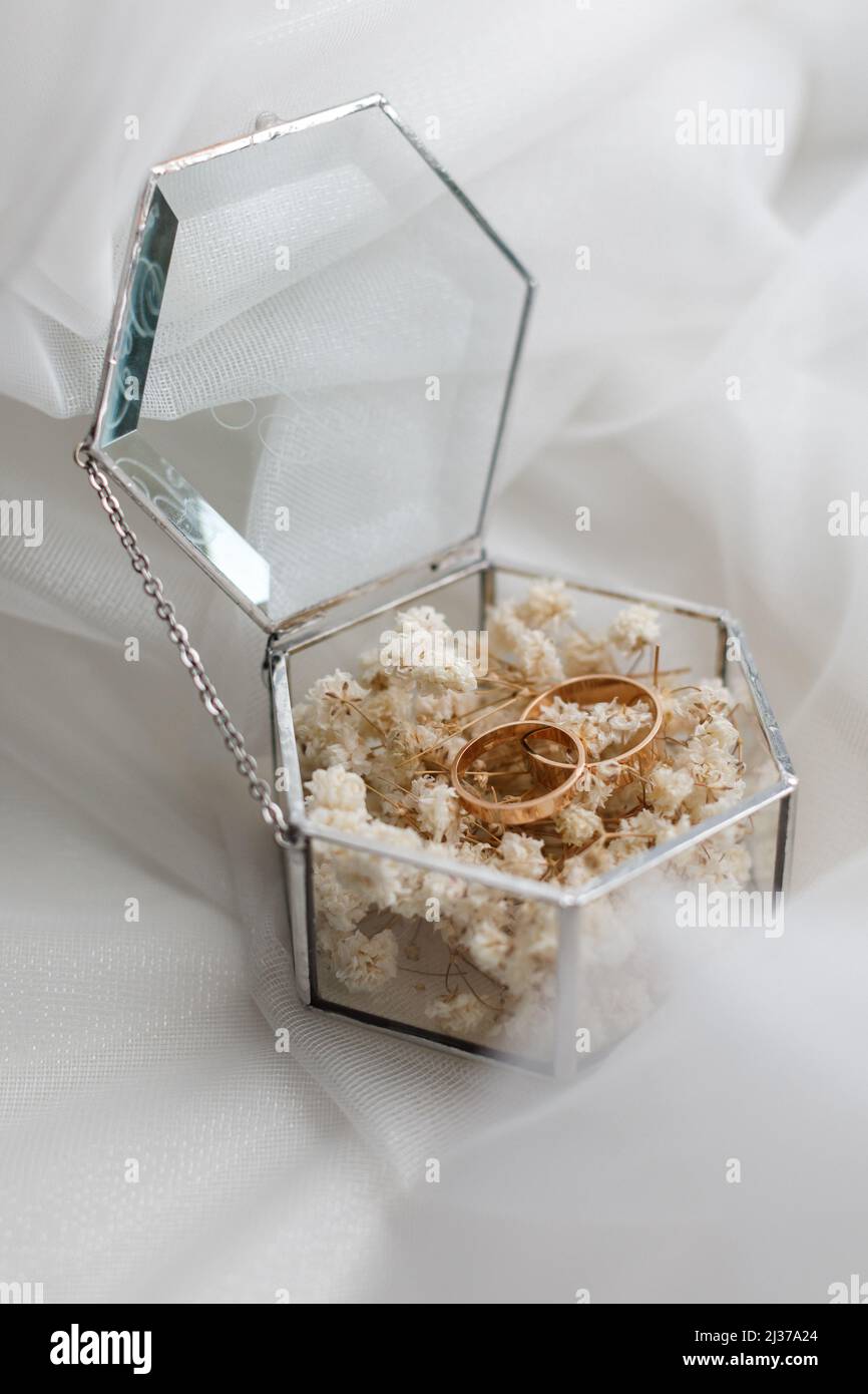 Vue rapprochée des fleurs blanches, des anneaux de mariage dans une boîte en verre avec plantes à l'intérieur Banque D'Images