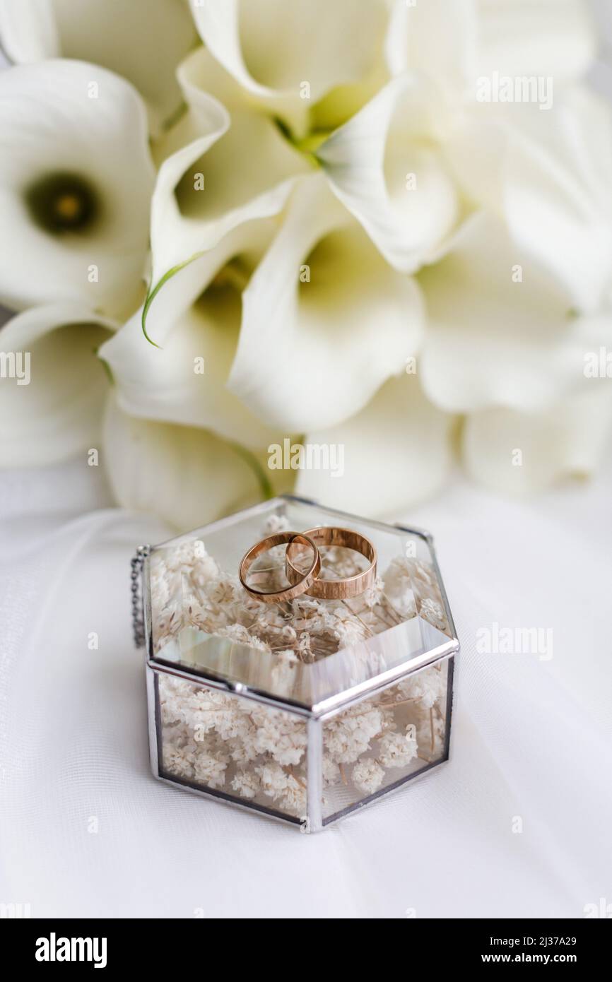 Vue rapprochée des fleurs blanches, des anneaux de mariage dans une boîte en verre avec plantes à l'intérieur Banque D'Images