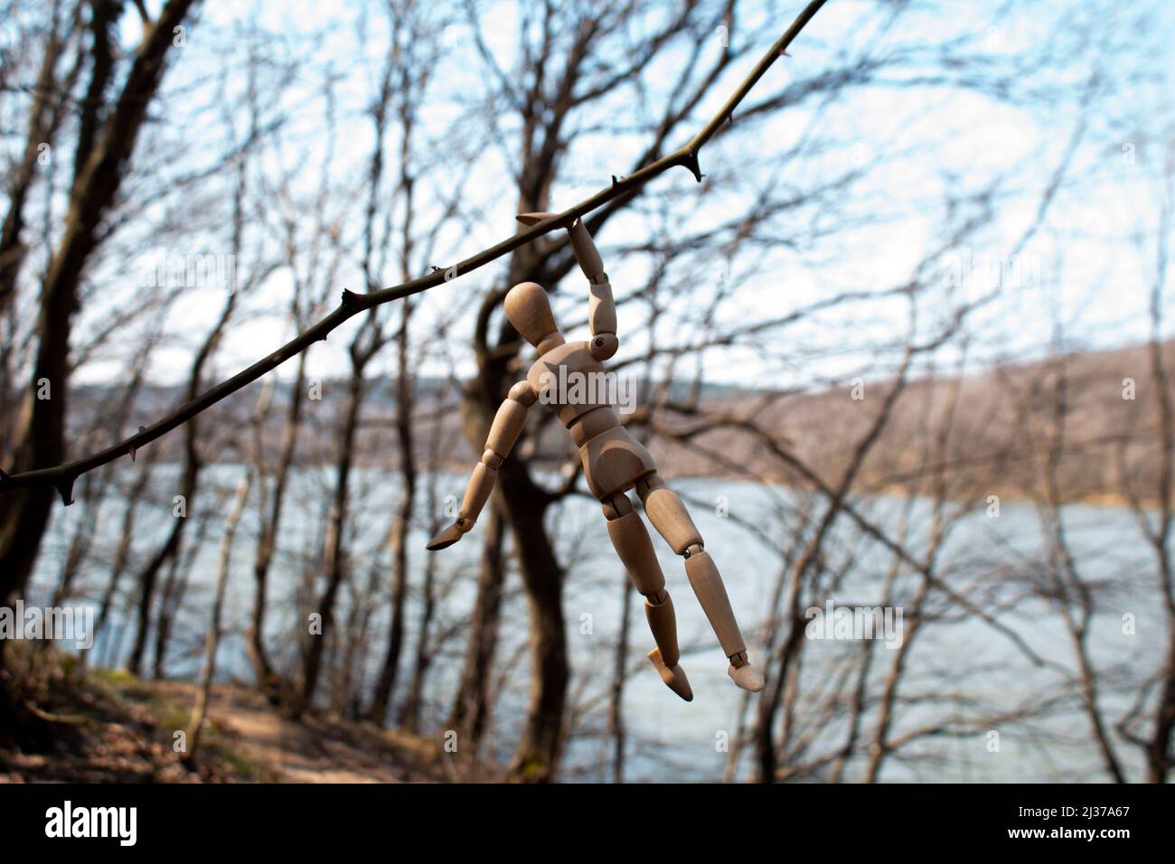 Mannequin en bois accroché à une branche d'arbre, marionnette en bois sur le point de tomber, mise au point sélective, concept d'automne, forêt et fuite floue sur le fond Banque D'Images