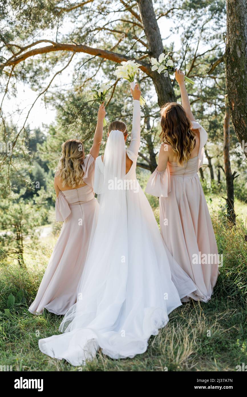 Deux demoiselles d'honneur en robes poudreuses tenant des bouquets dans les mains se tiennent avec leur dos près de la mariée dans une robe blanche avec un bouquet de mariage en elle Banque D'Images