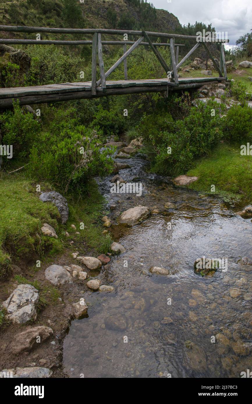 Pont en bois sur un petit ruisseau dans les montagnes. Banque D'Images
