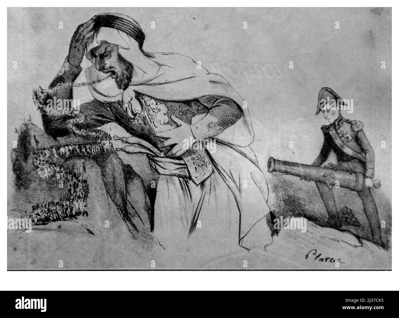 France, Algier, Histoire- ''Abd-el-Kader et le Marechal Bugeaud'' ( Caricaturee de Platel sur la victoire de l'Illy, 1844). Banque D'Images