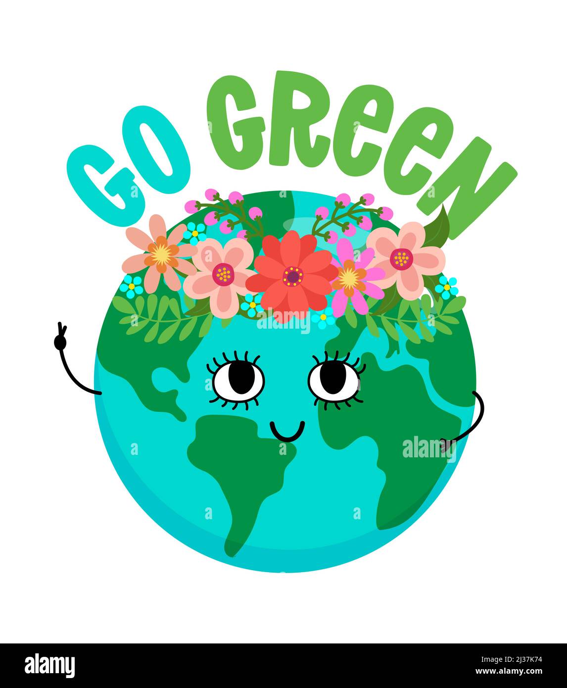 Passez au vert - texte vectoriel entre guillemets et planète Terre avec couronne de fleurs. Affiche lettrage ou t-shirt motif graphique en tissu. Belle illustration Illustration de Vecteur