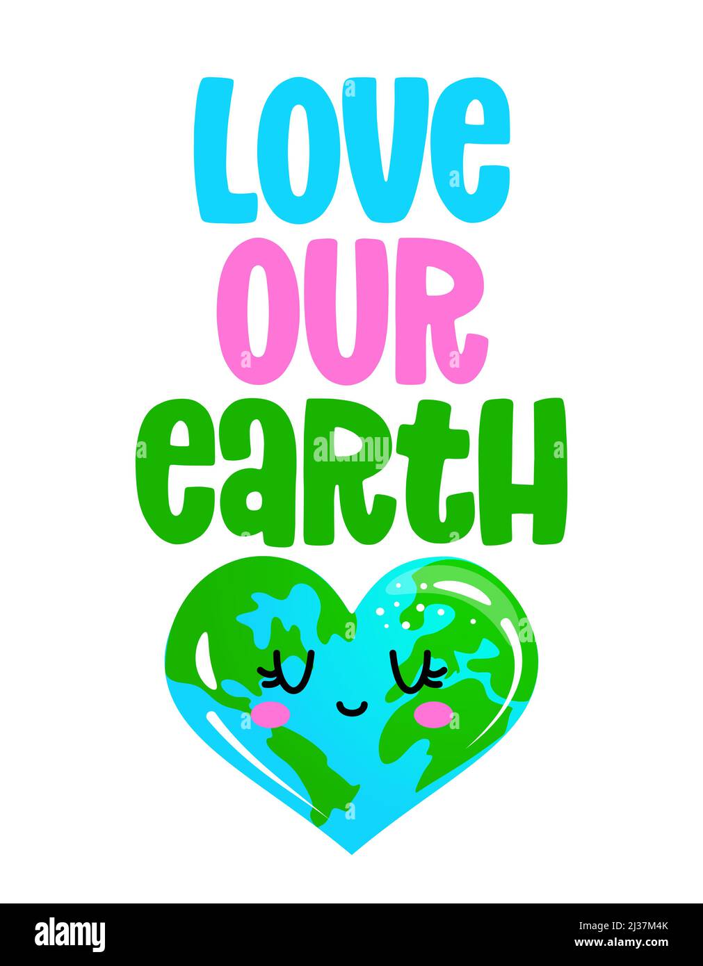 Love Our Earth - le jour de la Terre kawaii dessin avec la forme de coeur de la Terre. Affiche ou t-shirt motif textile. Belle illustration. Environnement jour de la Terre Illustration de Vecteur