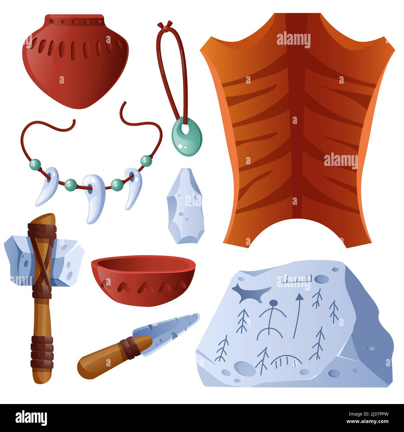 Objets préhistoriques ensemble peau d'animal, pot d'argile et bol, amulettes avec dents, hache d'arme ou couteau et roche avec pétroglyphes. La pierre vieillit les outils isolés sur Illustration de Vecteur