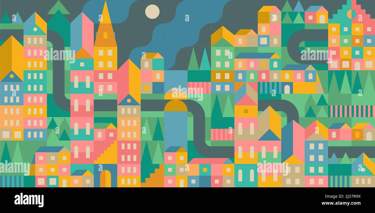 Sans couture abstrait nuit Urban Vector Bauhaus Swiss Geometric City Pattern Design arrière-plan Illustration de Vecteur