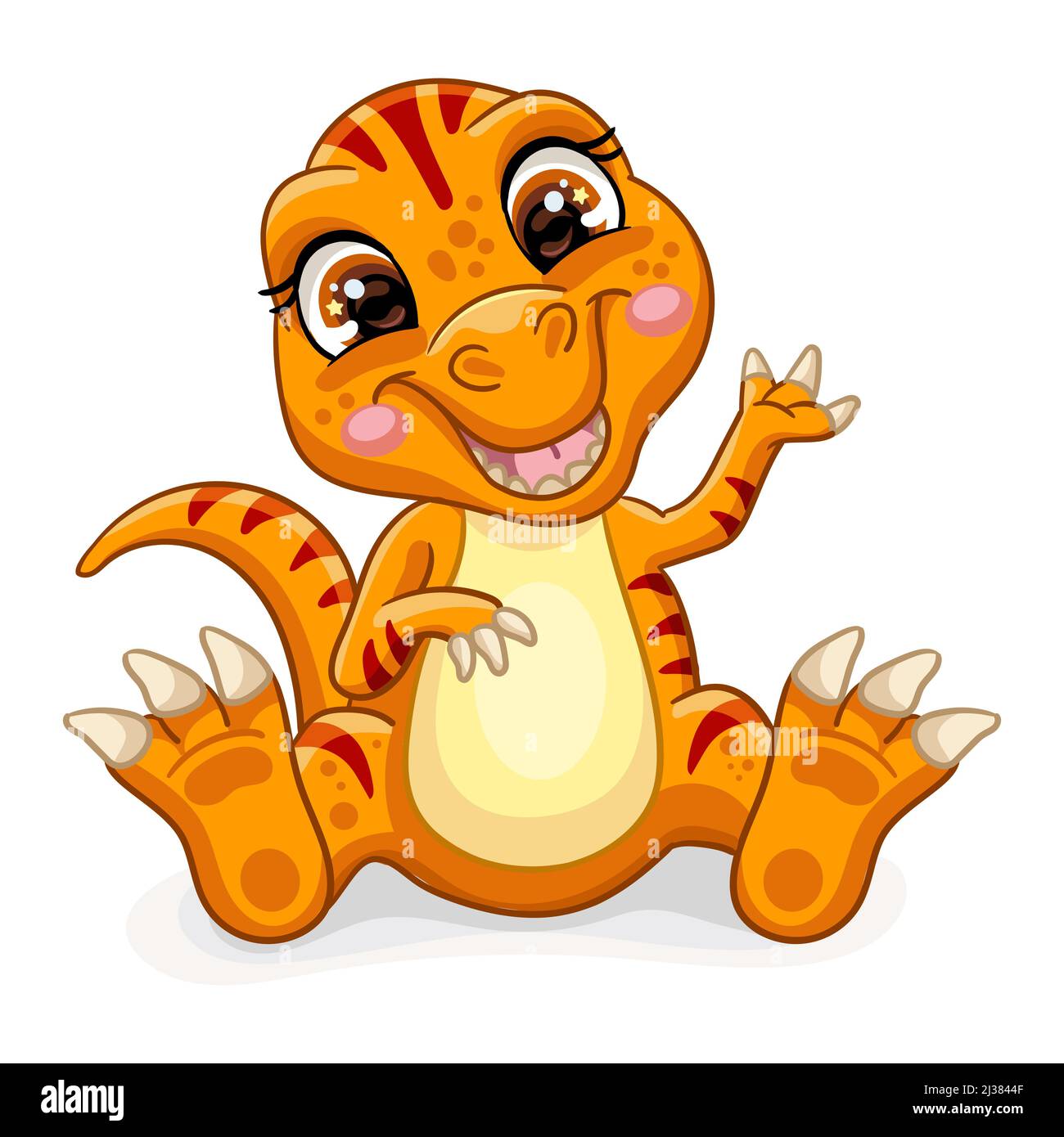 Bébé dinosaure à rayures orange tyrannosaurus. Joli personnage de dessin animé. Illustration vectorielle isolée sur blanc. Pour l'impression, le design, la publicité, la papeterie, Illustration de Vecteur