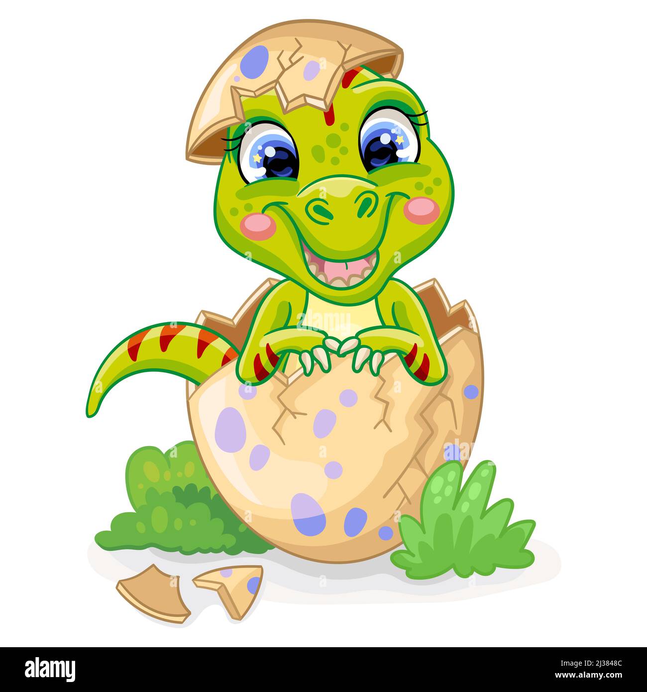 Bébé dinosaure tyrannosaurus assis dans un œuf. Joli personnage de dessin animé. Illustration vectorielle isolée sur blanc. Pour l'impression, le design, la publicité, la papeterie, Illustration de Vecteur