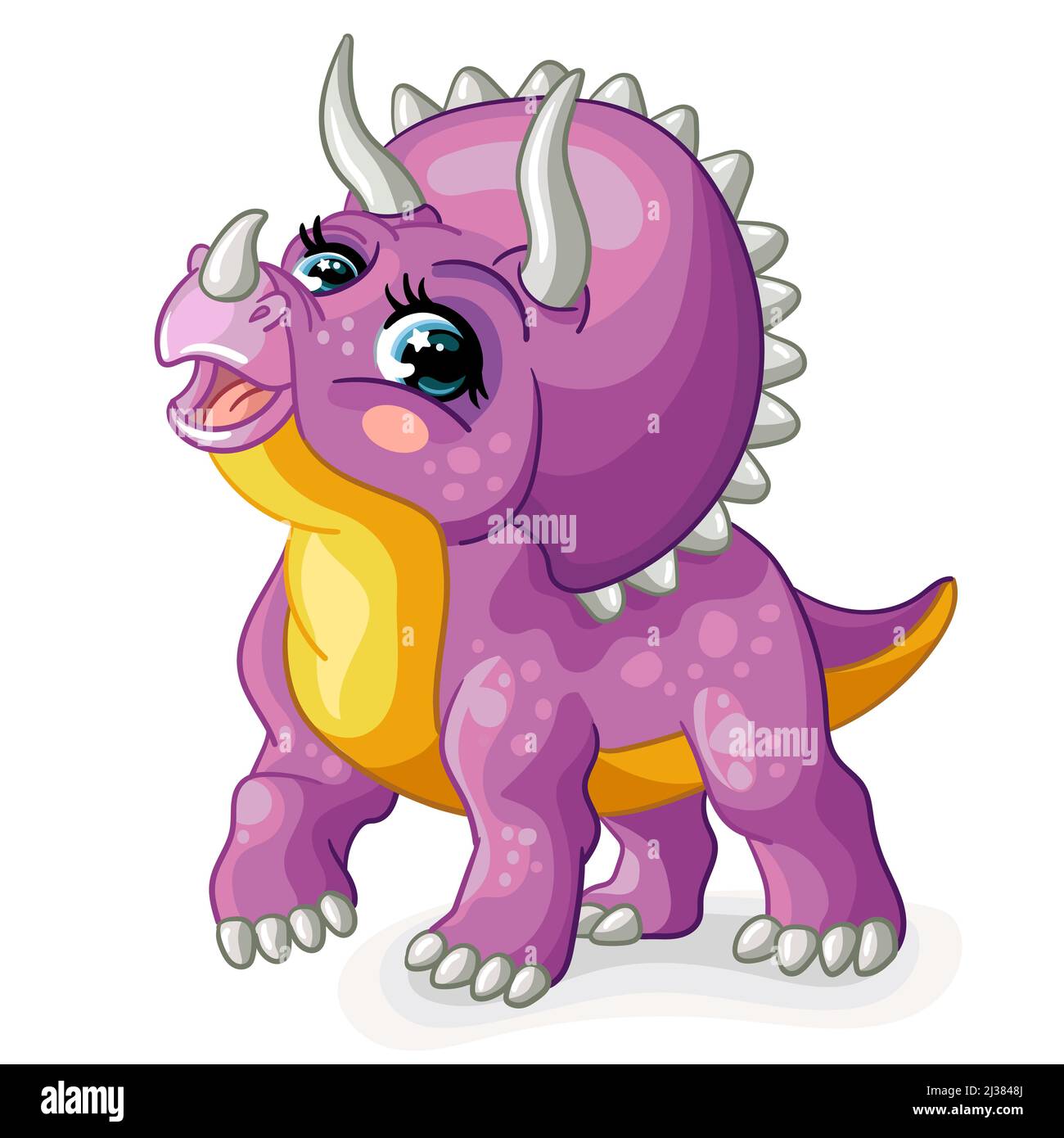tricératops violets dinosaures. Joli personnage de dessin animé. Illustration vectorielle isolée sur fond blanc. Pour l'impression, le design, la publicité, la papeterie, les t-s. Illustration de Vecteur