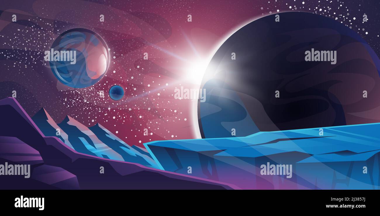 Fond cosmique, planète extraterrestre paysage déserté avec des montagnes, des rochers, des cimes profondes et des étoiles brillent dans l'espace. Toile de fond de jeu d'ordinateur extraterrestre Illustration de Vecteur