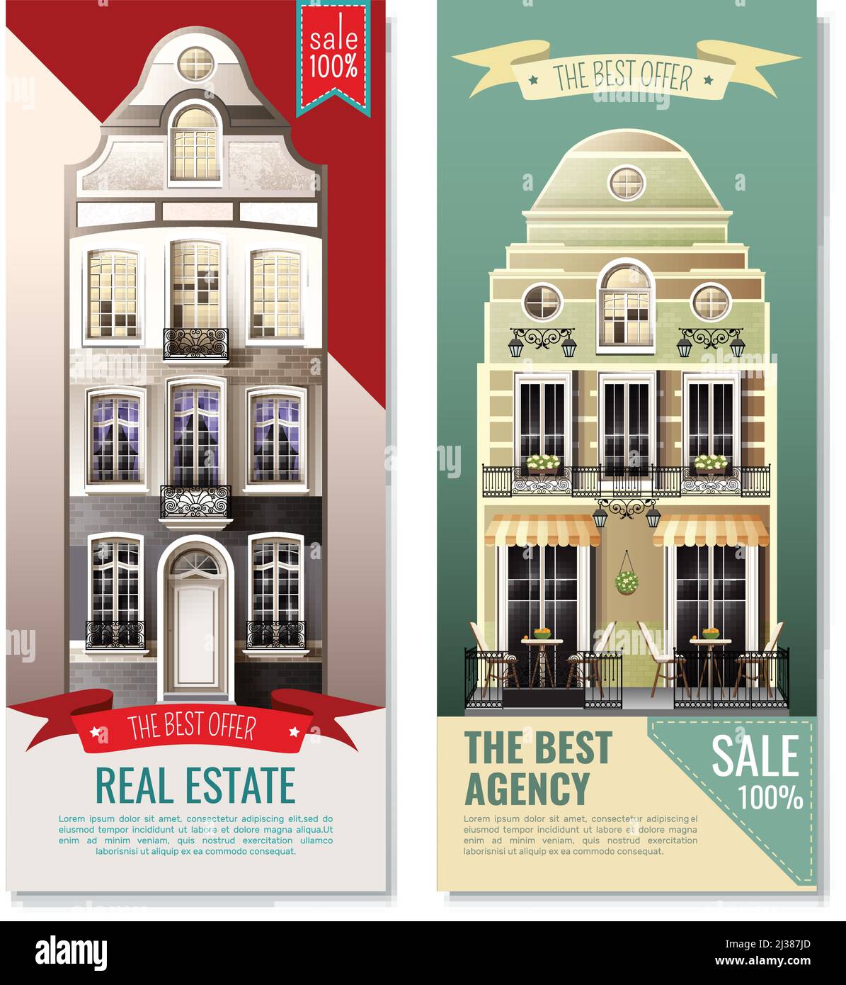 Bannières verticales avec les anciennes maisons de façade européennes comme publicité de illustration vectorielle isolée de l'agence immobilière Illustration de Vecteur