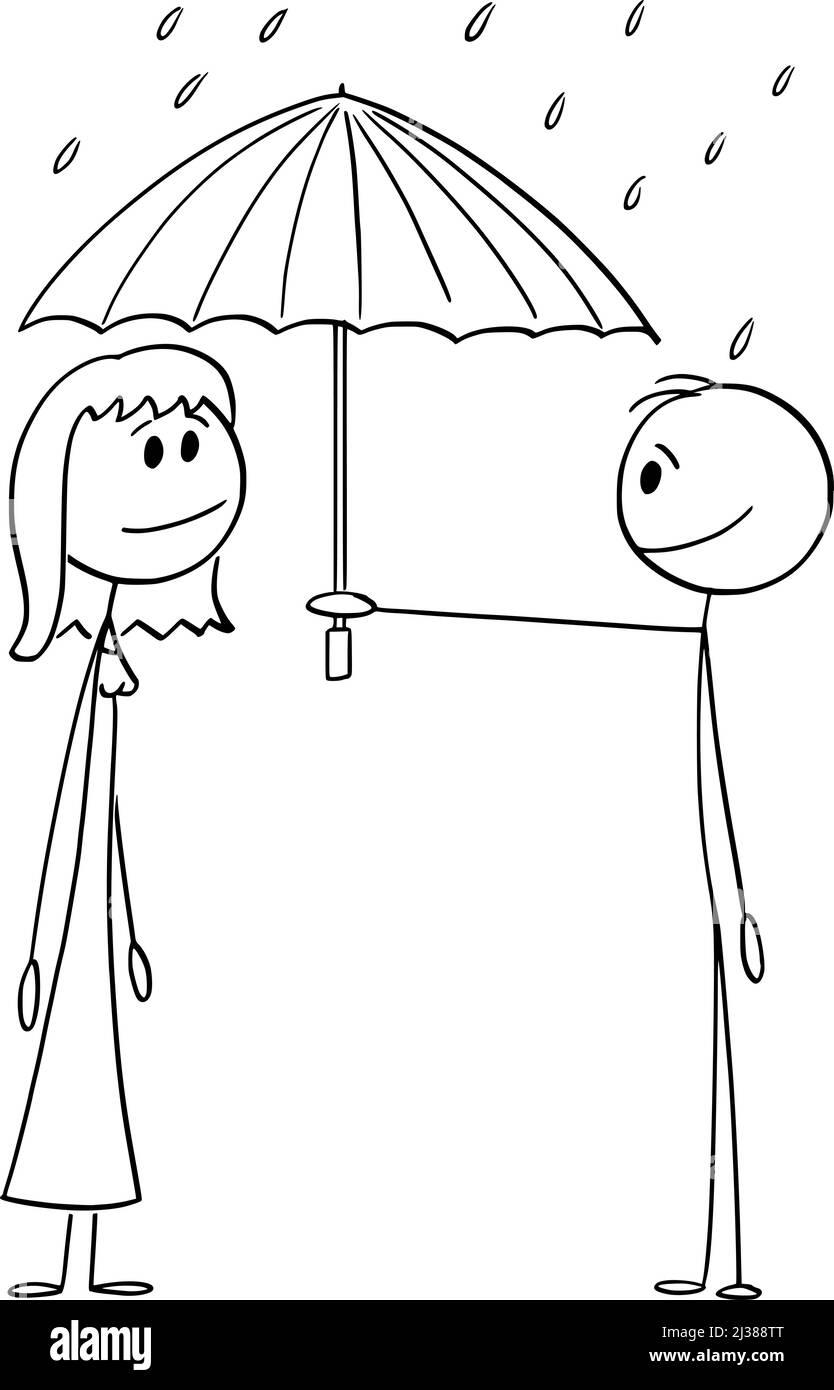 Homme offrant un parapluie à la pluie à la femme, l'amour et la protection, le bâton de dessin vectoriel Illustration Illustration de Vecteur