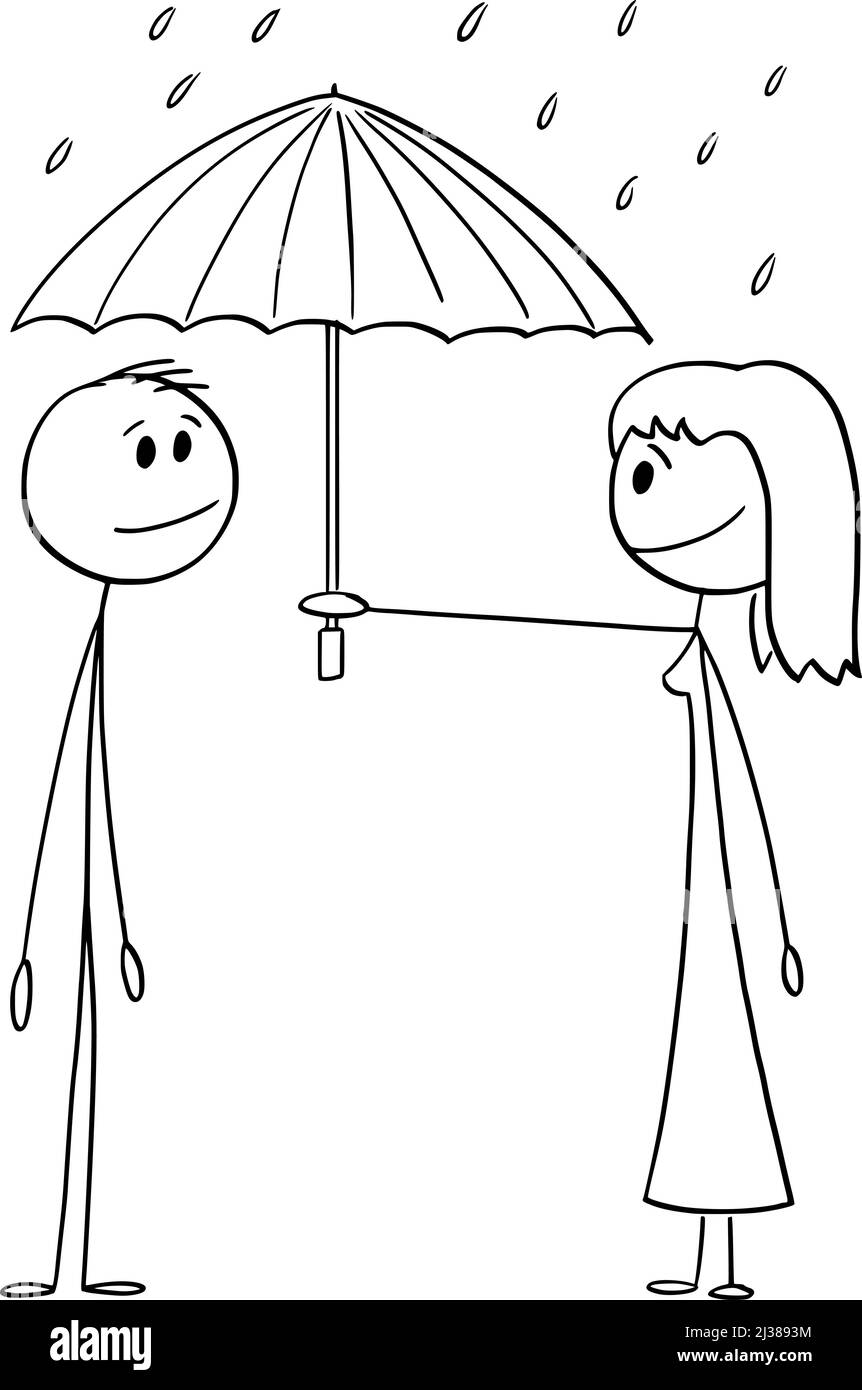Femme offrant un parapluie dans la pluie à l'homme, l'amour et la protection, le bâton de dessin vectoriel Illustration Illustration de Vecteur