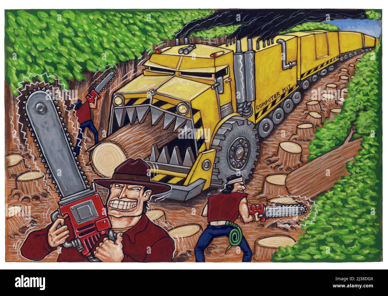 Concept art d'un camion de dessin animé alimenté des arbres, illustrant la déforestation, la destruction de la forêt tropicale, la destruction écologique, l'exploitation forestière commerciale. Banque D'Images