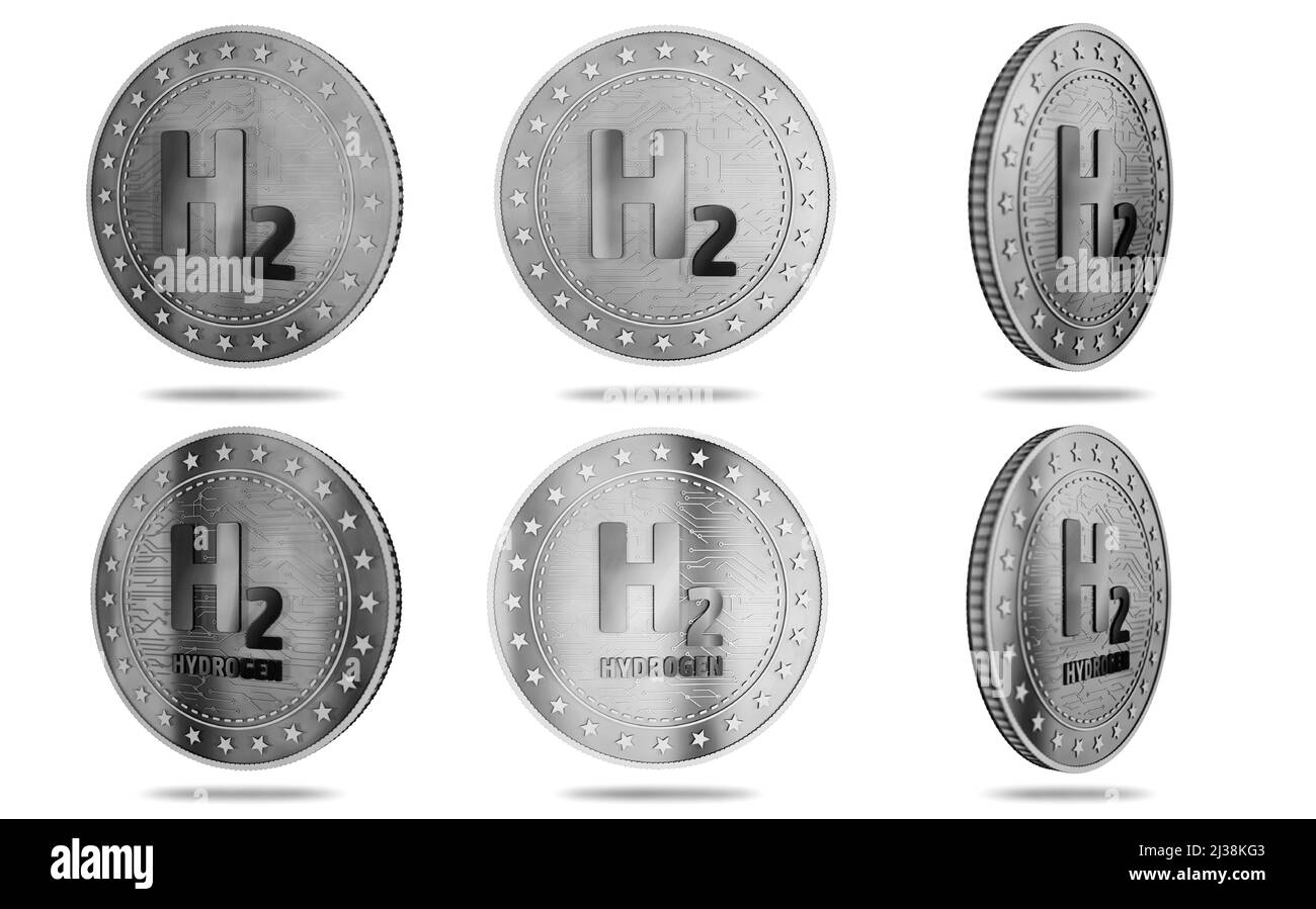 Hydrogène, H2, énergie renouvelable verte et zéro émission de carburant isolé pièce d'or sur fond vert écran. Résumé concept 3D illustration. Banque D'Images