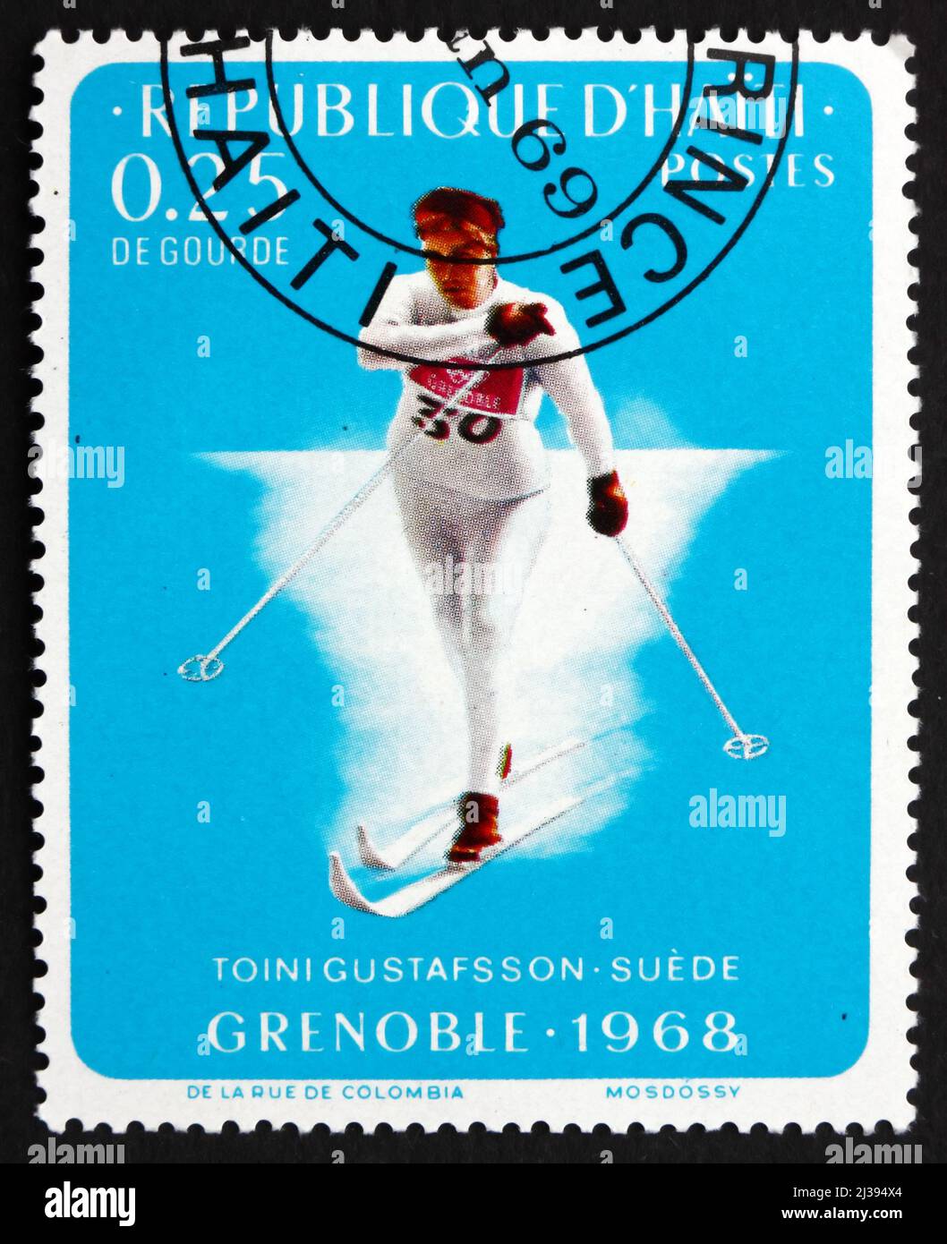 HAÏTI - VERS 1968: Un timbre imprimé en Haïti montre Toini Gustafsson, Suède, ski de fond, Jeux Olympiques d'hiver 1968, Grenoble, vers 1968 Banque D'Images