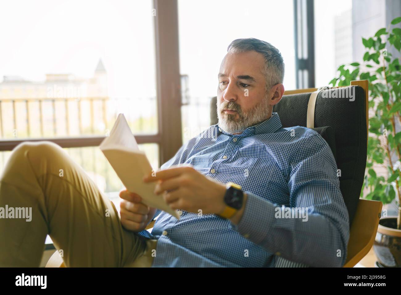 Homme mature lisant un siège de livre ressemble à la détente Banque D'Images