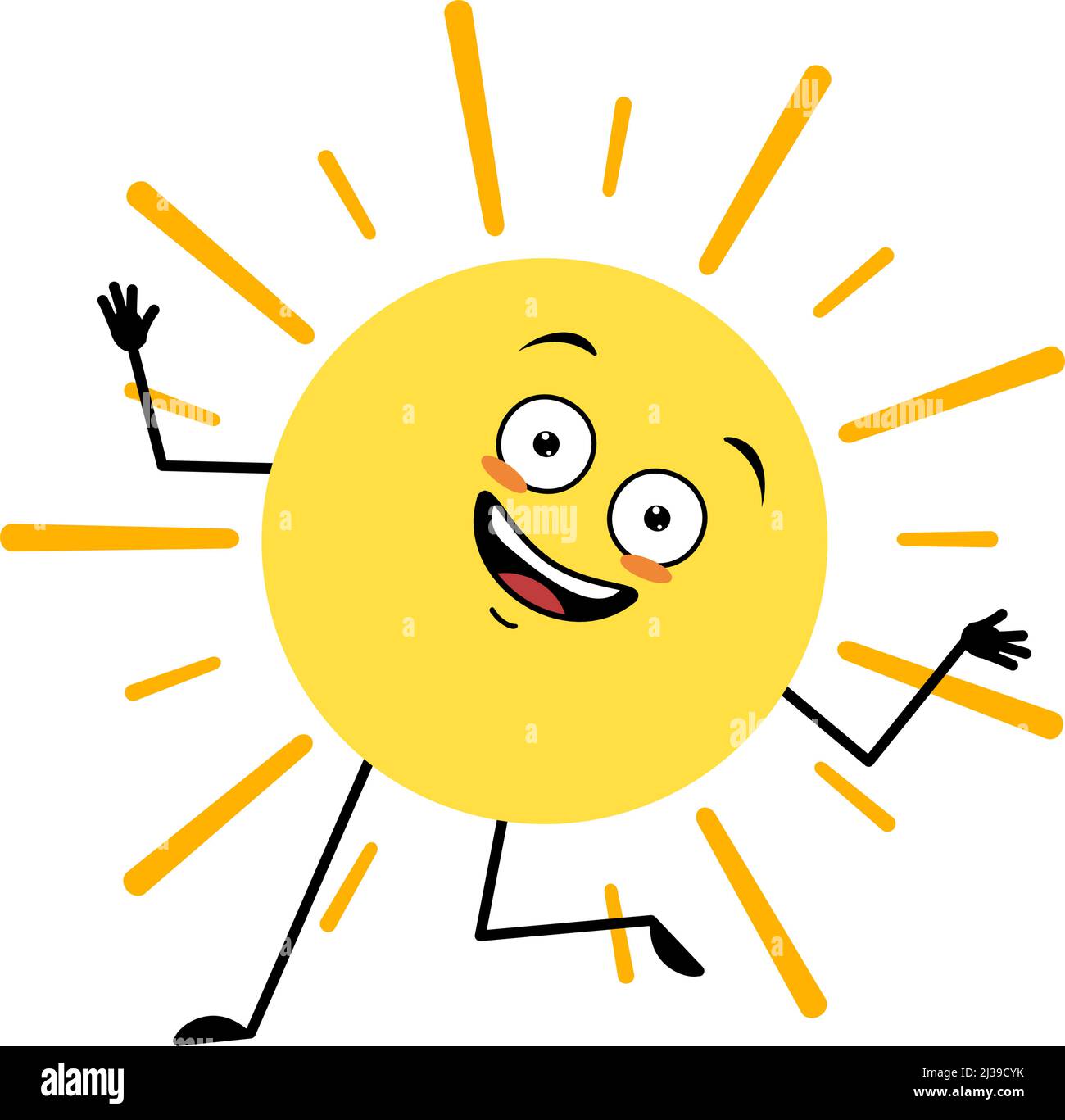 Un adorable personnage ensoleillé avec une émotion folle et heureuse, un visage joyeux, des yeux souriants, des bras et des jambes dansants. Personne avec expression drôle et pose. Illustration vectorielle plate Illustration de Vecteur