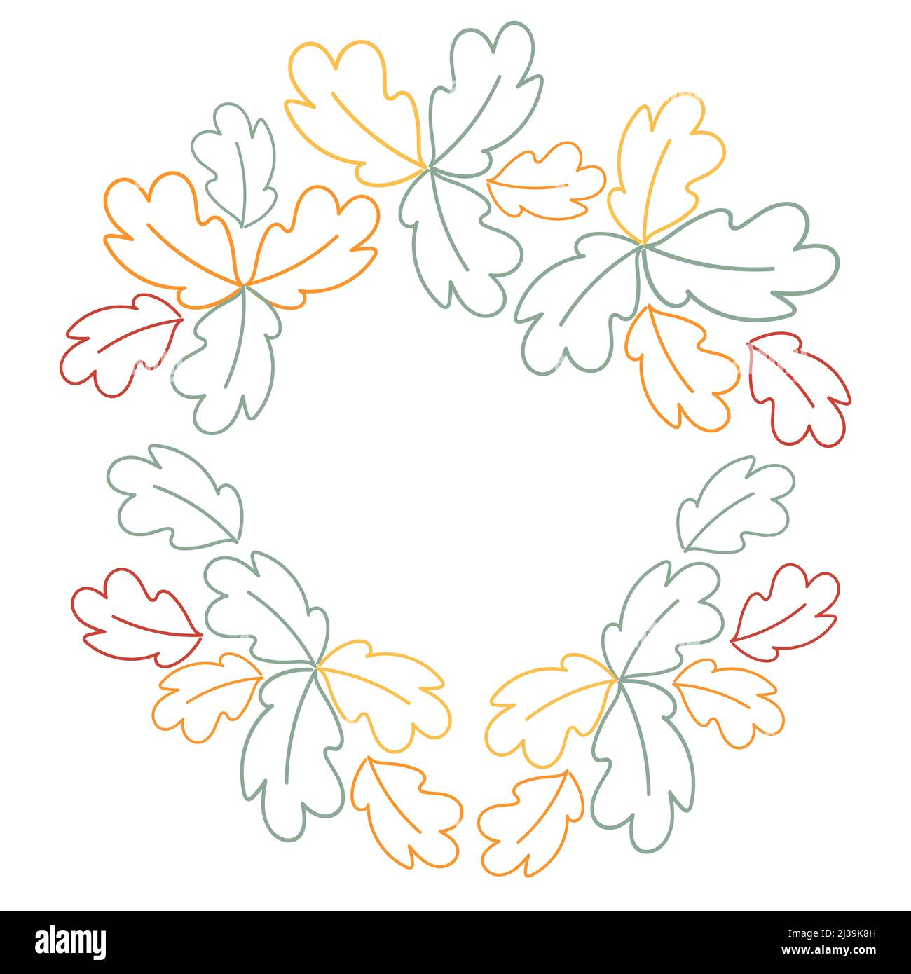 Cadre rond en feuilles de différentes couleurs dans des tons tendance. Tracez le contour à la main. Style de vie. Lignes silhouettes. Illustration de Vecteur