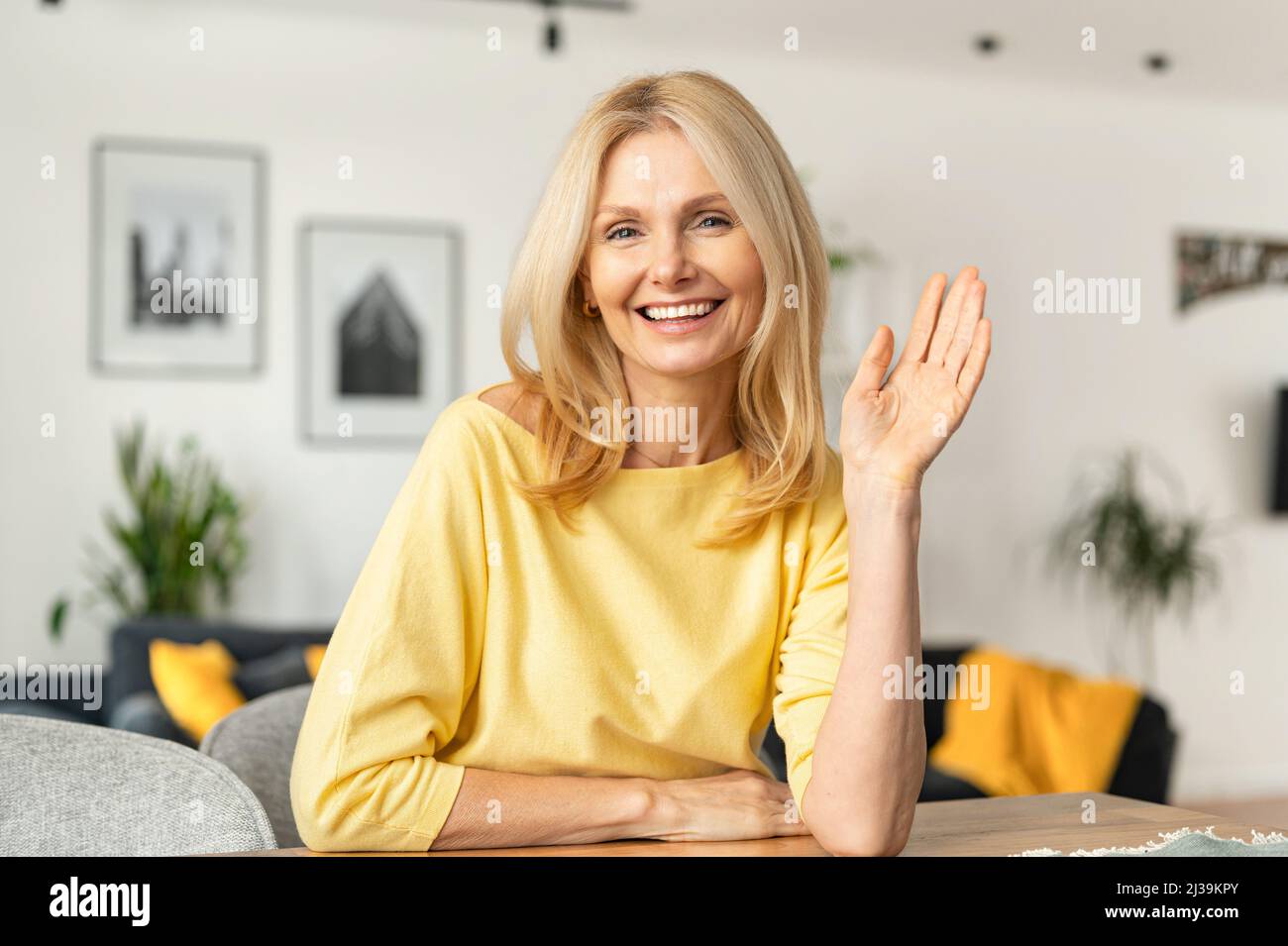 Une femme caucasienne, âgée et énergique, est prête pour un entretien en ligne lors d'un appel vidéo, assise à la réception et regardant et agitant la caméra, dit Bonjour. Concept de recherche d'emploi Banque D'Images