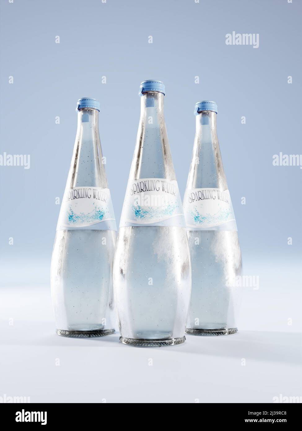 3D rendu de trois bouteilles d'eau étincelante en verre avec fausse étiquette sur fond bleu Banque D'Images