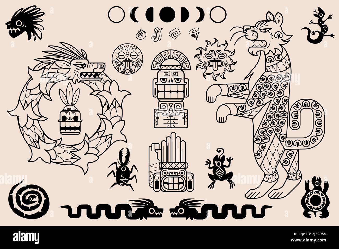 Ornements aztèques et mayas, motifs tribaux mexicains anciens. Art indigène ethnique ensemble vectoriel d'illustrations géométriques indiennes mexicaines traditionnelles avec un Illustration de Vecteur