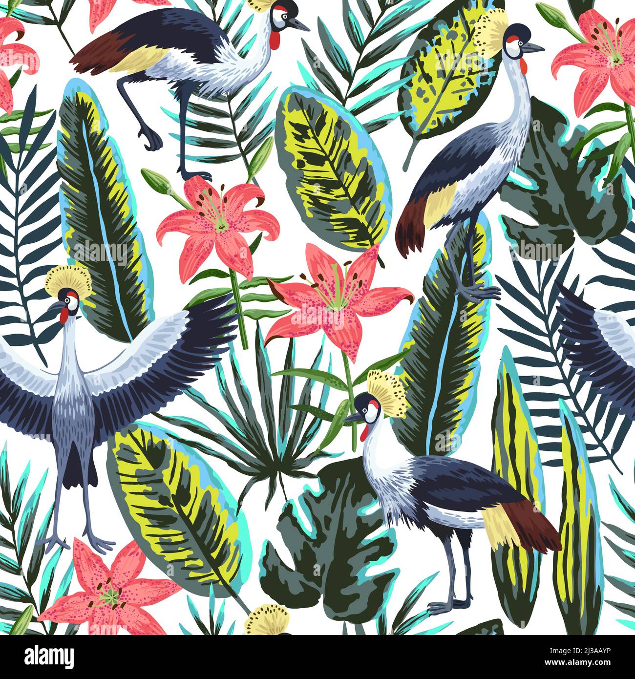 Motif vectoriel sans couture avec feuilles et fleurs de la jungle tropicale et oiseaux de grue couronnés. Illustration de Vecteur