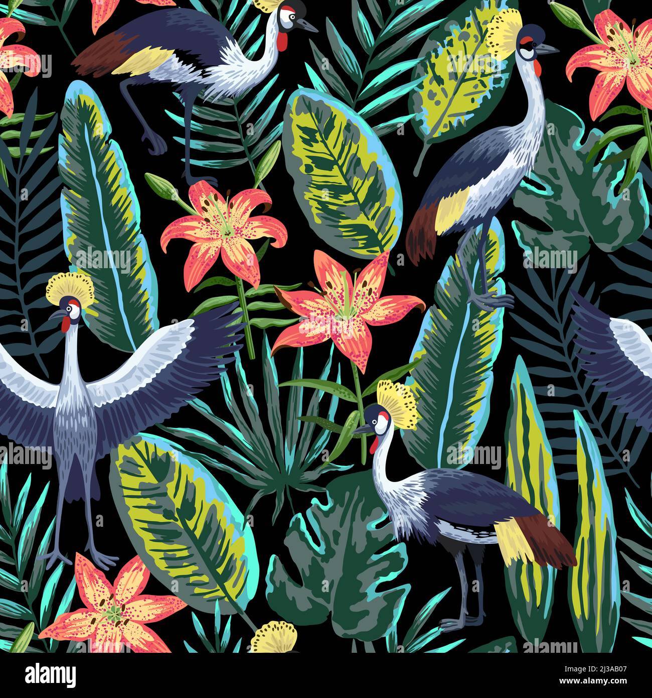 Motif vectoriel sans couture avec feuilles et fleurs de la jungle tropicale et oiseaux de grue couronnés. Illustration de Vecteur