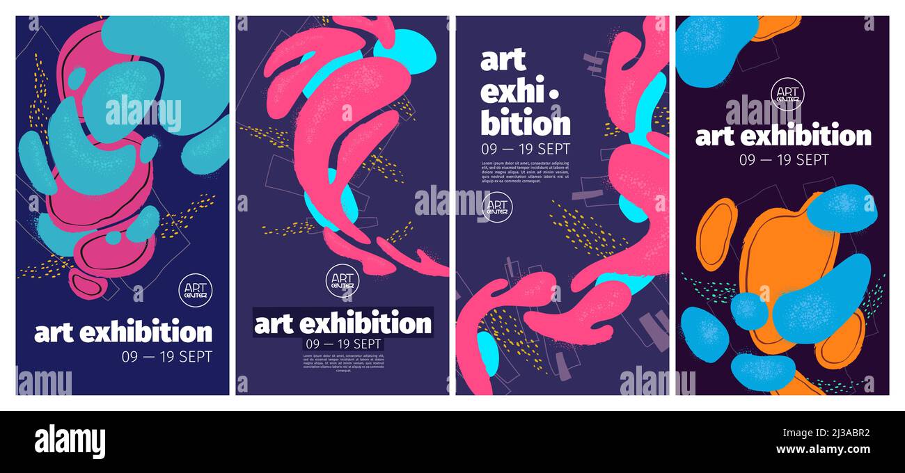 Prospectus d'exposition d'art avec peinture abstraite sur fond. Bannières verticales vectorielles de la galerie moderne avec des œuvres d'art créatives aux formes fluides dessinées à la main et à la texture grunge Illustration de Vecteur