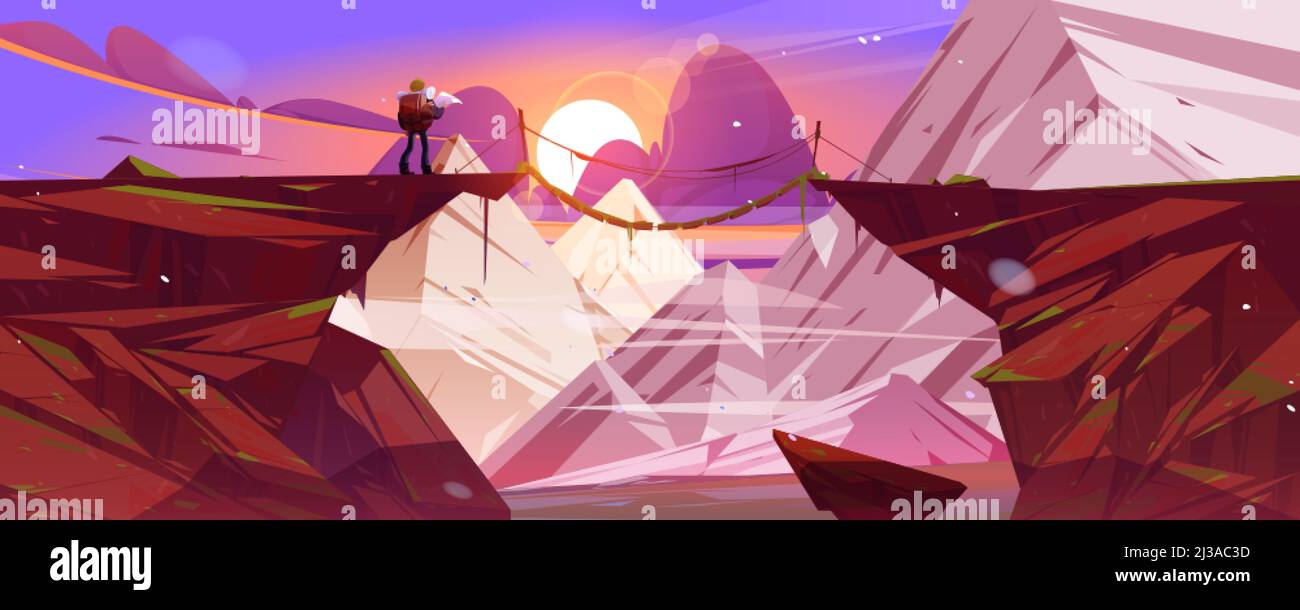 Paysage de montagne au coucher du soleil avec homme de randonnée et pont suspendu au-dessus du précipice entre les falaises. Illustration vectorielle de roches enneigées, rop en bois Illustration de Vecteur