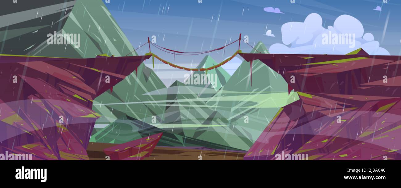 Paysage de montagne avec pont suspendu au-dessus du précipice et de la pluie. Illustration de dessins animés vectoriels de roches hautes et pont de corde en bois sur les abysses entre Illustration de Vecteur