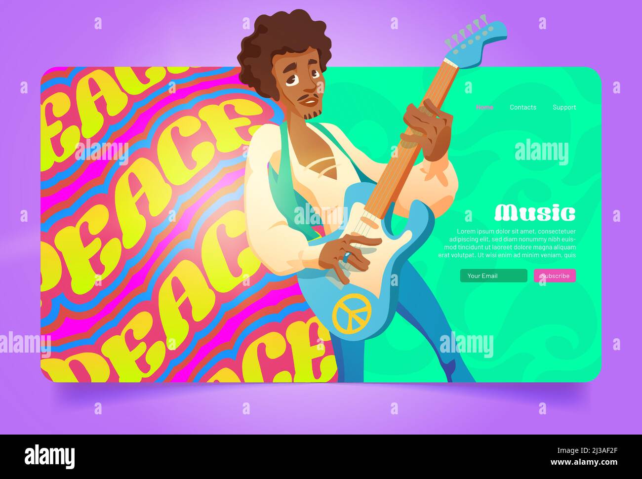 Page d'accueil de dessin animé de musique de paix hippie, homme noir hippy jouant de la guitare, chant. Culture des années 60, performance de style rétro ou soirée disco avec Illustration de Vecteur