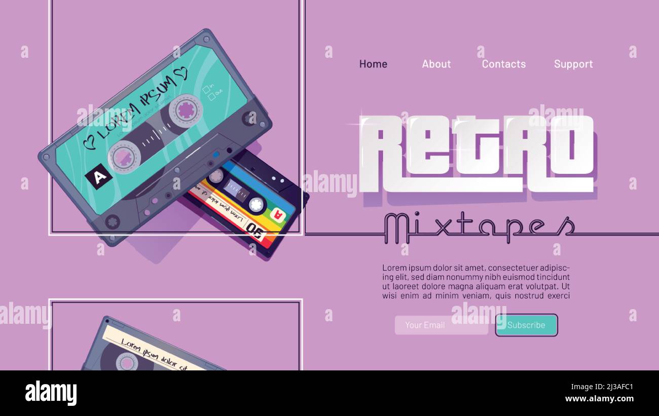Bandeau de mixage rétro avec cassettes audio vintage avec musique pop et rock des années 80 et 90. Page de renvoi Vector avec illustration plate de l'ancienne cassette audio Illustration de Vecteur