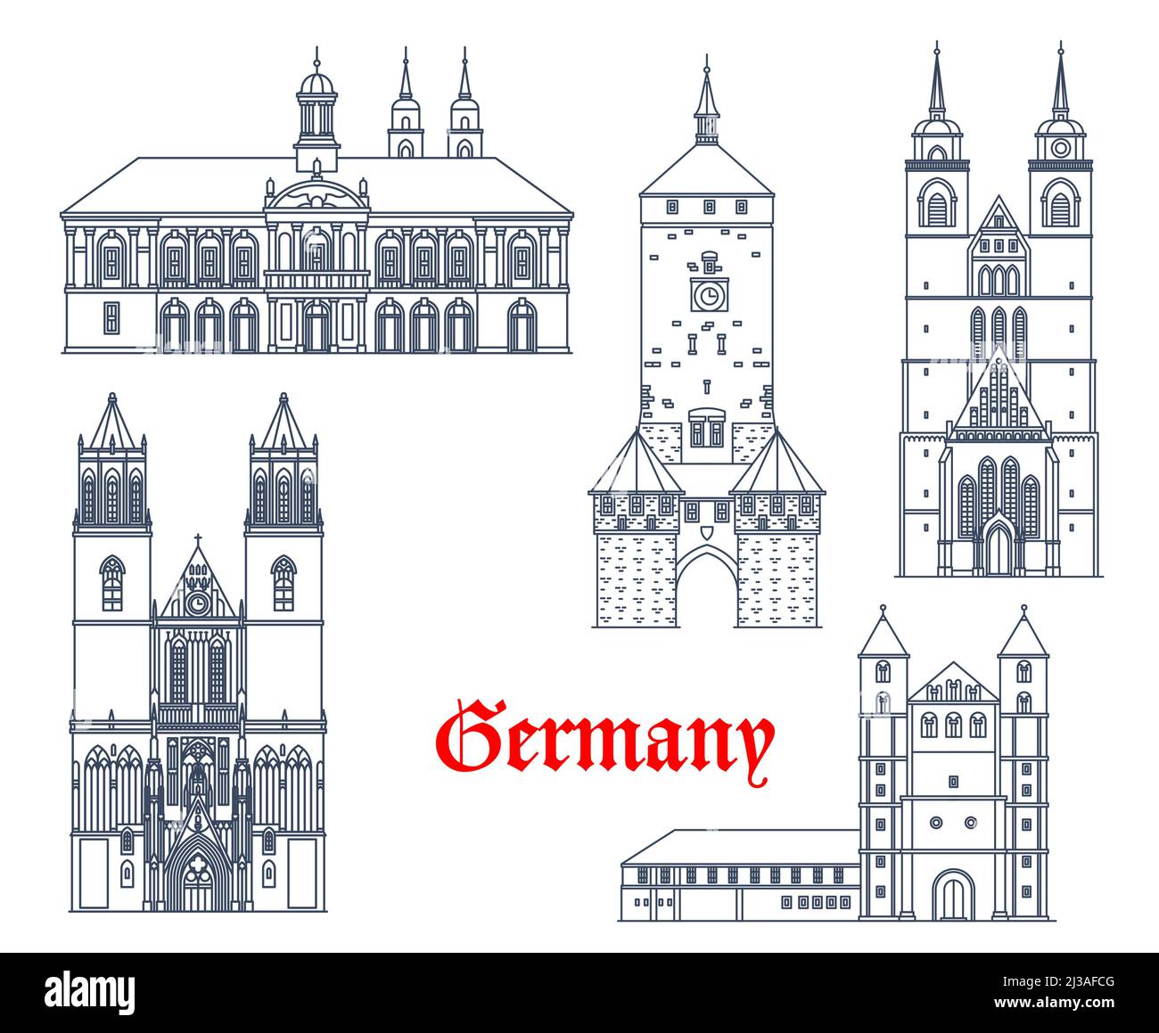 Allemagne bâtiments d'architecture de Magdeburg, Naumburg, cathédrales vectorielles. Monuments allemands de Marienkirche et de l'hôtel de ville de Magdeburg rathaus avec St Maurice et cathédrale de Katharina dom Illustration de Vecteur