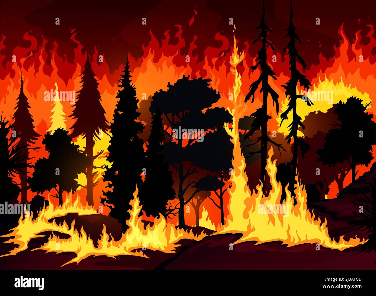 Forêt feu de forêt fond de catastrophe avec des arbres en feu et de l'herbe. Danger feu en toile de fond vecteur forestier, catastrophe écologique ou fond cataclysme avec feu de brousse, silhouettes d'arbres flamboyantes Illustration de Vecteur