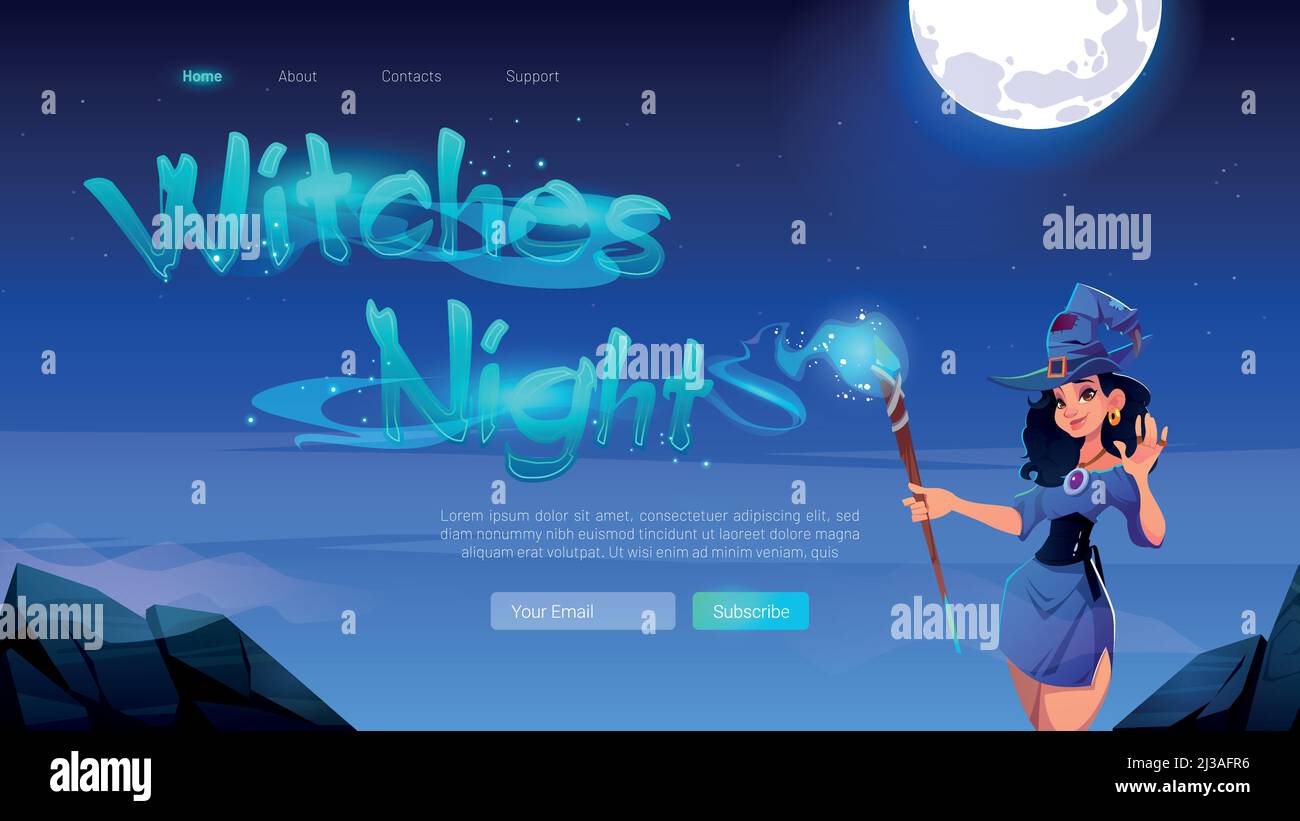 Bannière de nuit de sorcières avec belle femme avec baguette magique. Page d'arrivée vectorielle de la fête d'Halloween avec paysage de nuit de bande dessinée avec lune dans le ciel et gi Illustration de Vecteur