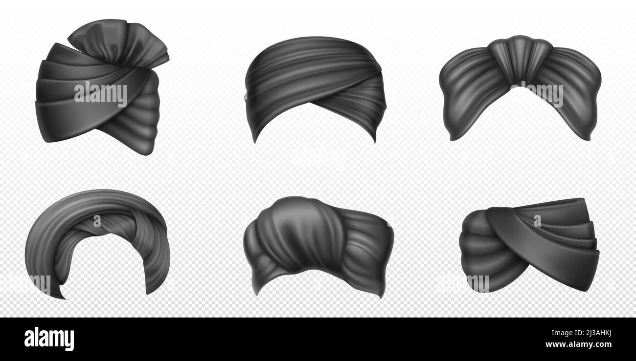 Turbans noirs, héadressage indien et arabe pour homme et femme. Vecteur réaliste ensemble de foulards tortueux, vêtements traditionnels en Inde, païdi isolé Illustration de Vecteur
