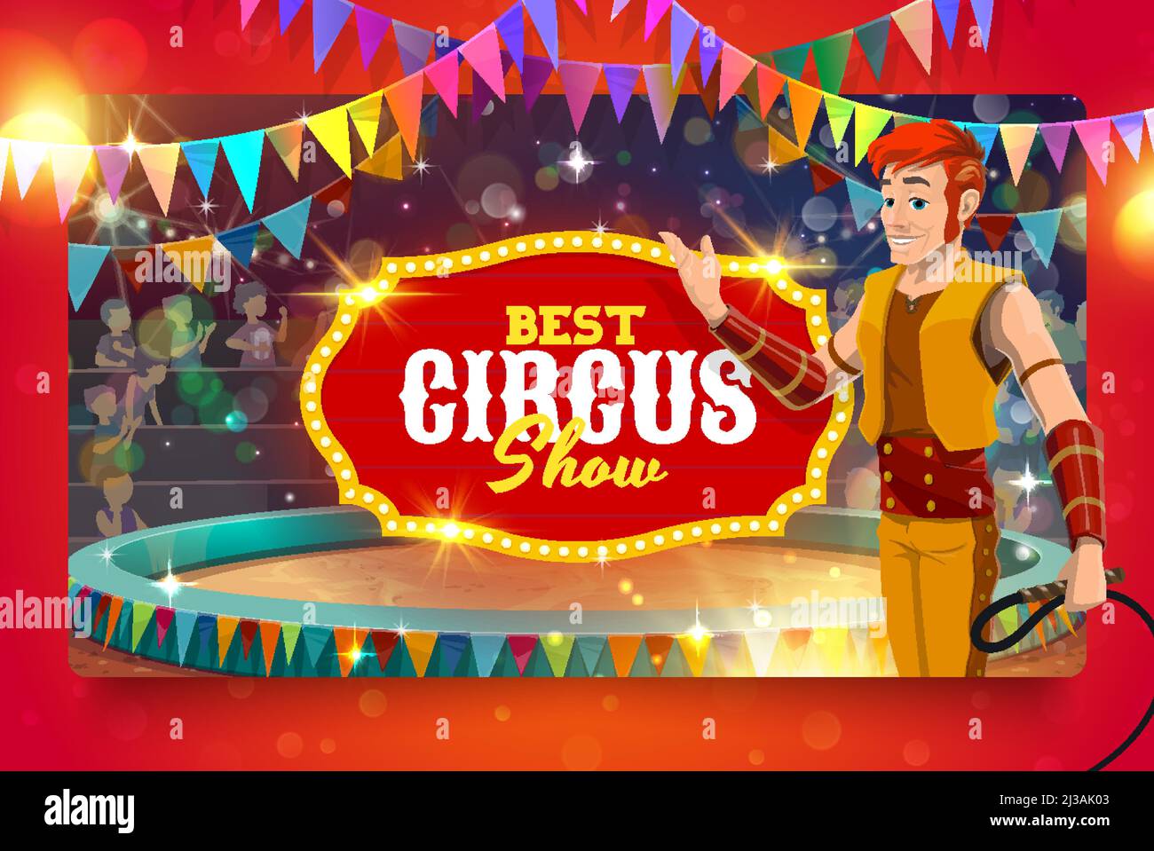 Animateur d'animaux de dessin animé sur scène de cirque Shapeito, affiche vectorielle de carnaval au festival. Spectacle de cirque et d'animaux, festival de parc d'expositions pour enfants et parc d'attractions Illustration de Vecteur