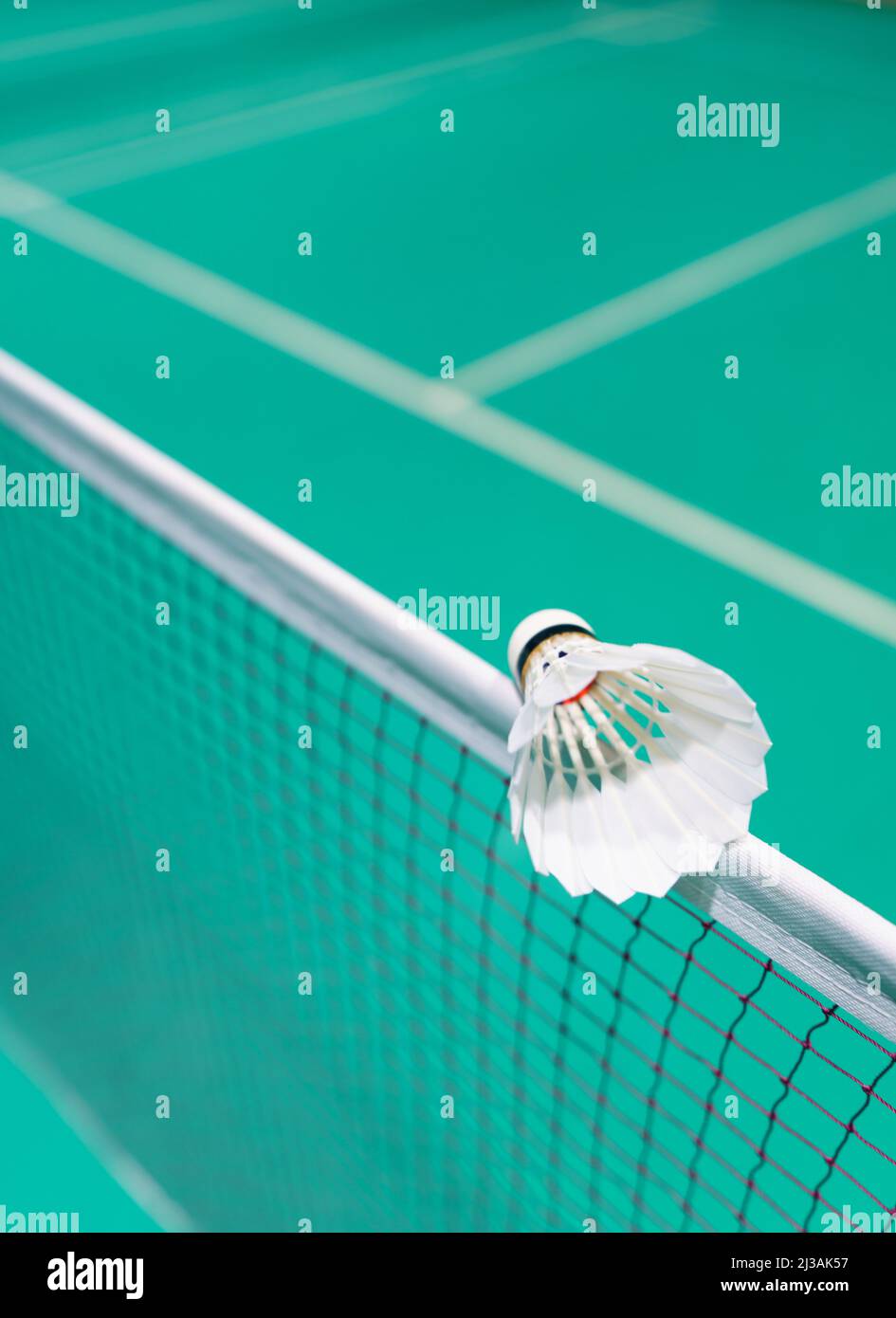 nouveau shuttlecock sur le terrain de jeu de filet de badminton Banque D'Images