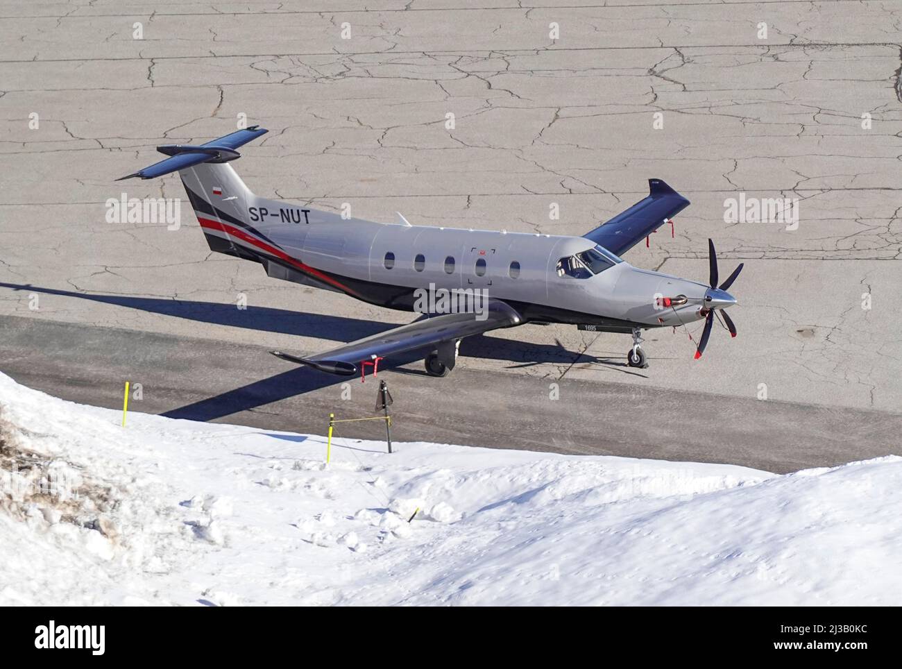 Avion privé, Pilatus PC-12/47E, SP-NUT, aéroport, Altiport de Courchevel, La Vallée de Courchevel, Département Savoie, France Banque D'Images