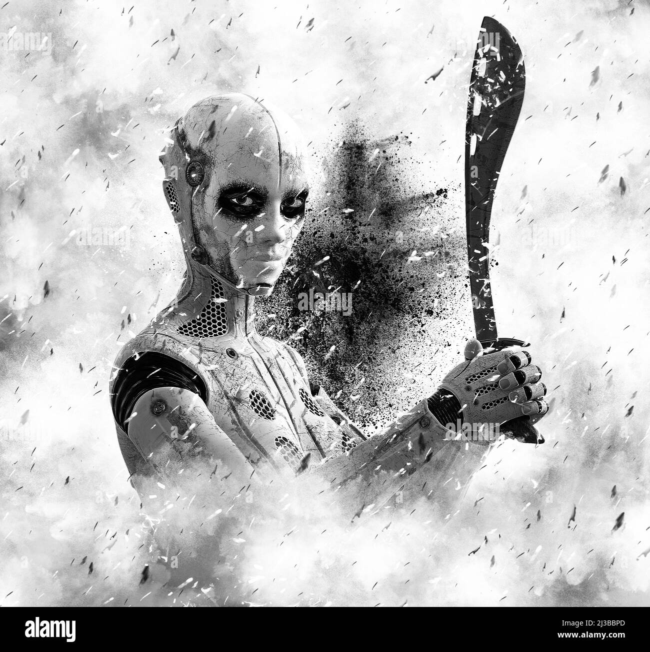 3D rendu en noir et blanc d'une robot femme tenant une machette dans ses mains entourée de fumée et d'étincelles de feu. Concept futuriste de héros numérique. Banque D'Images